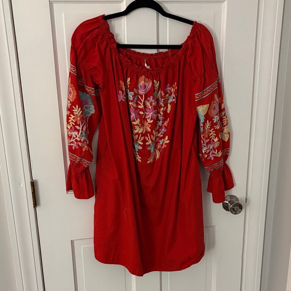 Free People Red Embroidered Boho Dress - Size Large